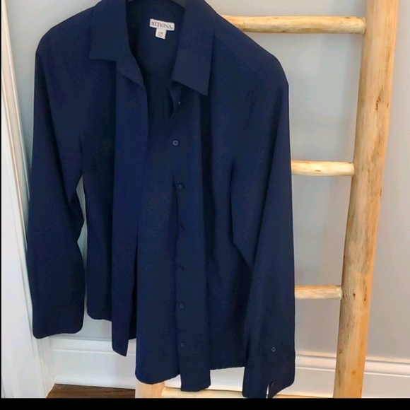 Merona Navy Blue Button Down Long Sleeve Blouse, L - Picture 2 of 4